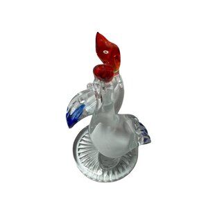 Vtg Art Glass 2 Roosters Figurine White Red Blue 5.5”